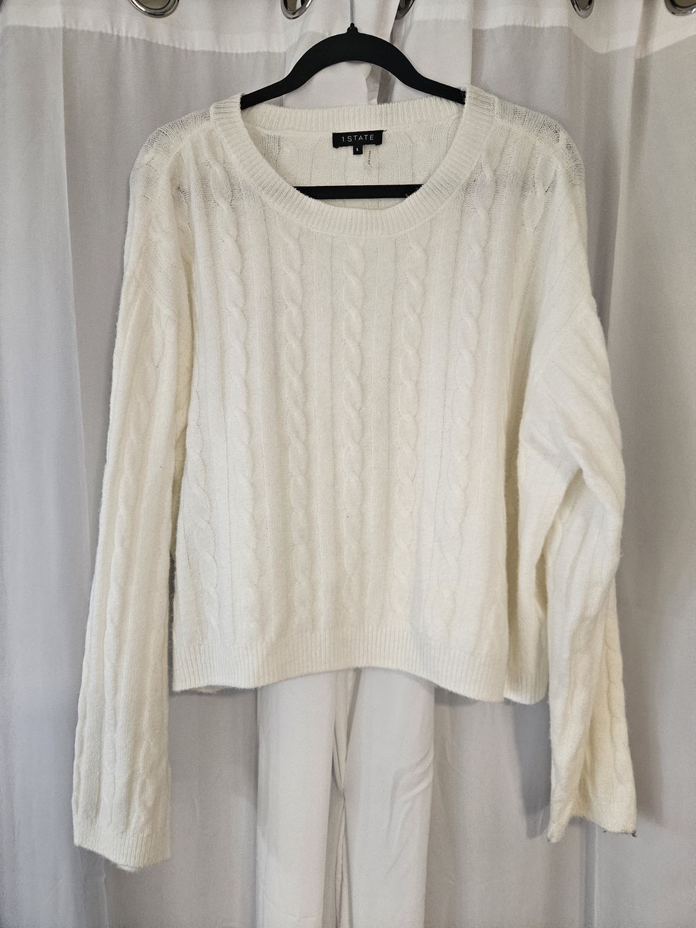 1.STATE Ivory Cable Knit Crewneck Pullover Sweater - Size Large EUC